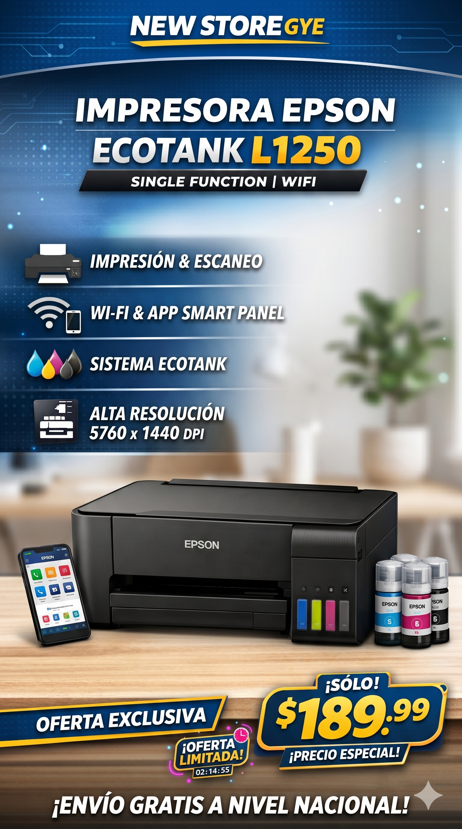 EPSON L1250 SINGLE FUNCTION WIFI PRINTER WITH SMART PANEL APP COPY/SCAN T544 C11CJ71301