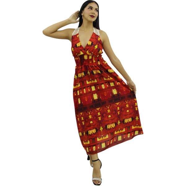 VESTIDO LARGO ARTESANAL FLOREADO ANARANJADO