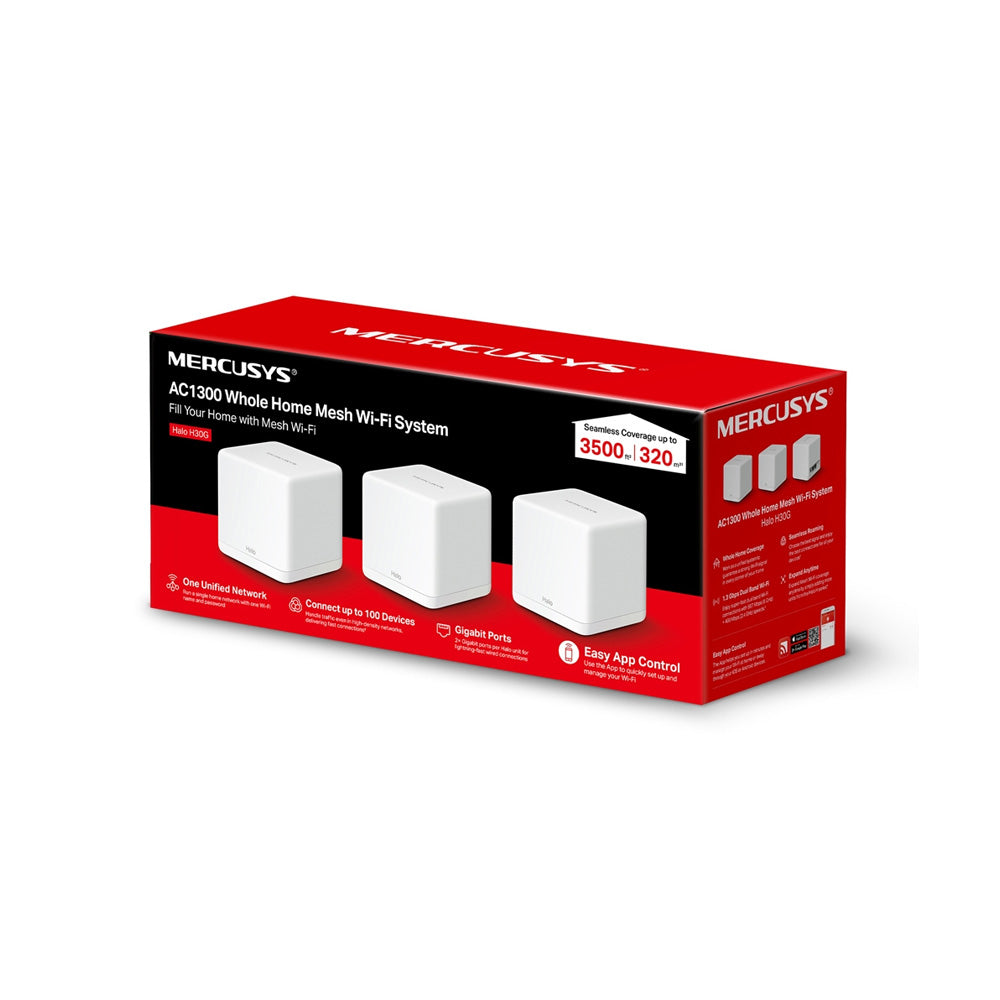 ROUTER MERCUSYS HALO H30G (3-PACK) SISTEMA WIFI DE MALLA AC1300/2 PTOS. RED/100 DISPOSITIVOS