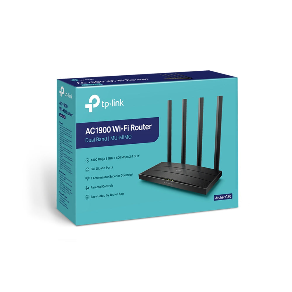 ROUTER TP-LINK ARCHER C80 AC1900, 4 ANT., 4 PTOS. GE, WI-FI 802.11AC WAVE2: 1300/600 MBPS, MU-MIMO,