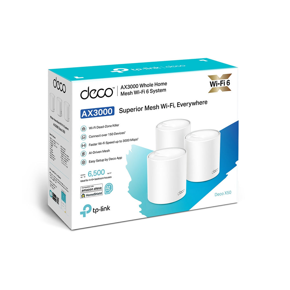 ROUTER TP-LINK DECO X50 (3-PACK) SISTEMA WIFI DE MALLA AX3000/WIFI 6/HOMESHIELD/CONTROL DE VOZ