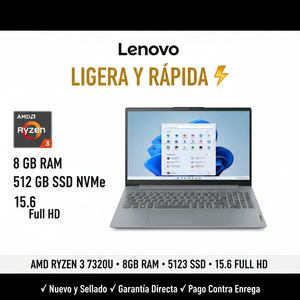 Laptop Lenovo IdeaPad Slim 3 15.6" Ryzen 3 7320U 8GB RAM 512GB SSD | Ligera y Rápida
